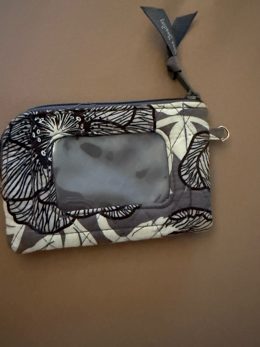 Vera Bradley Gray Floral ID Wristlet with Ribbon Zipper Pull